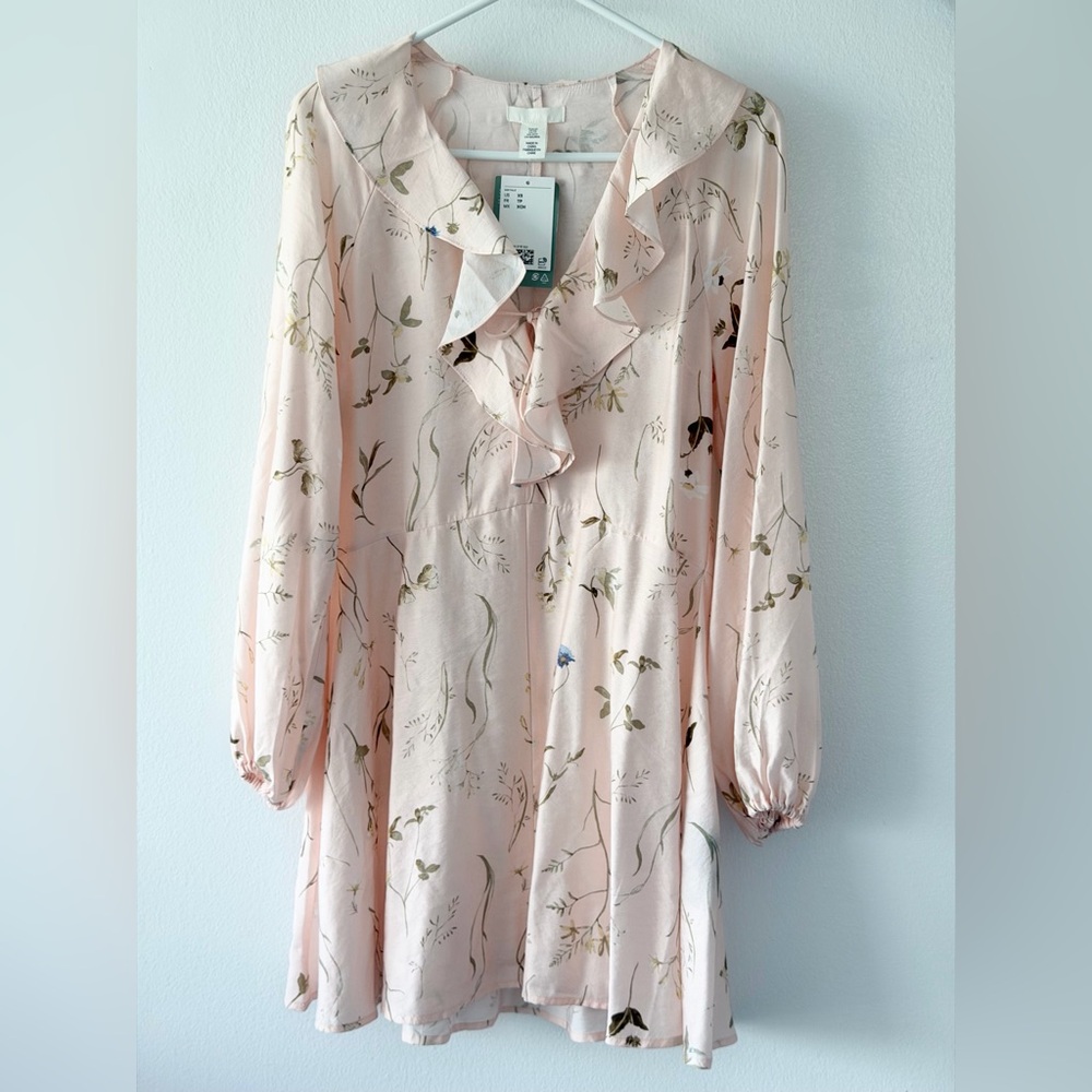 H&M Pink Floral Mini Dress Long Sleeve Ruffle V-Neck Size XS